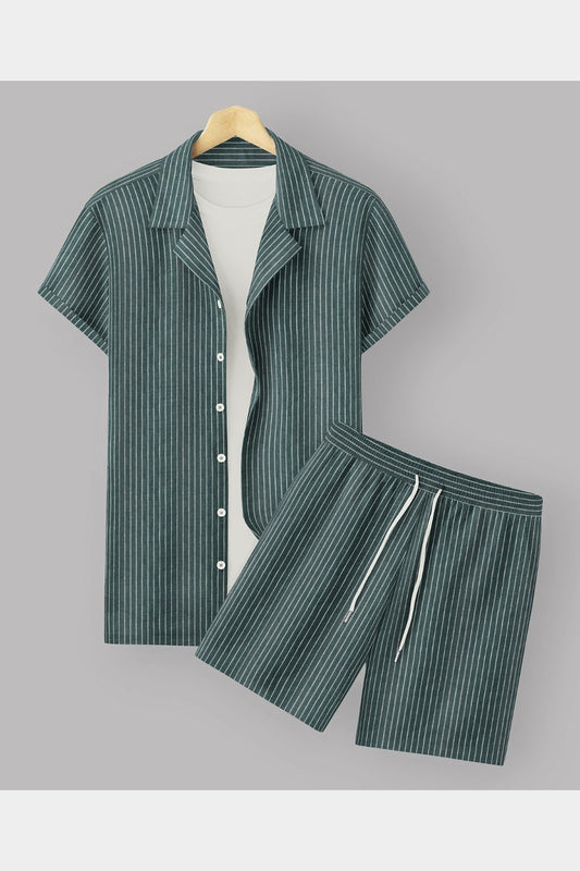 Green Colour Men's Cotton Shirt And Shorts Set Short Sleeve